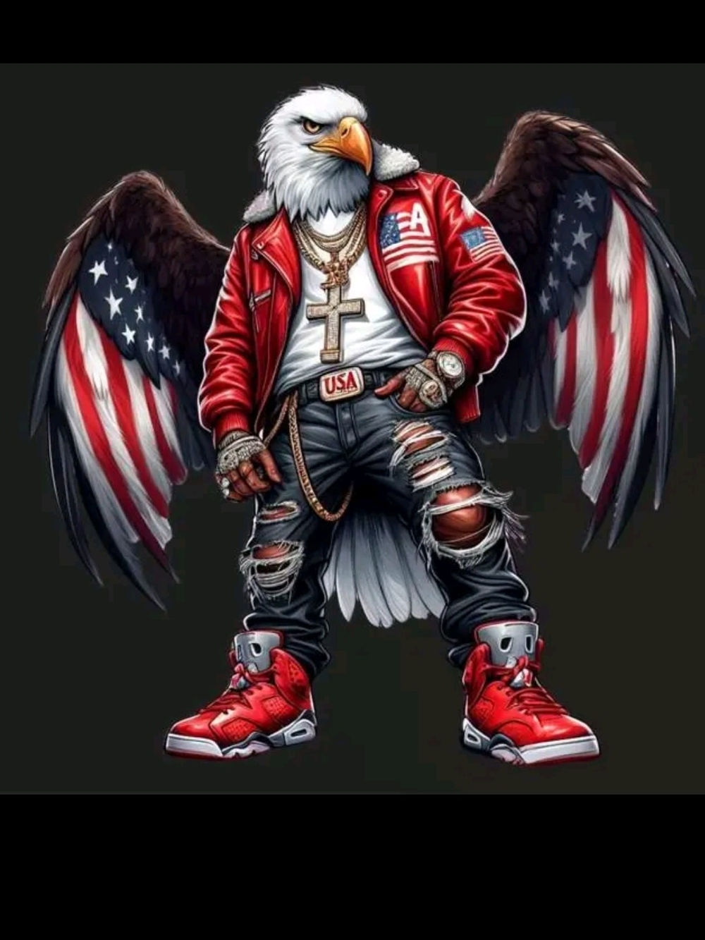 Patriotic Eagle Graphic Tee Design with Red Jacket and Sneakers